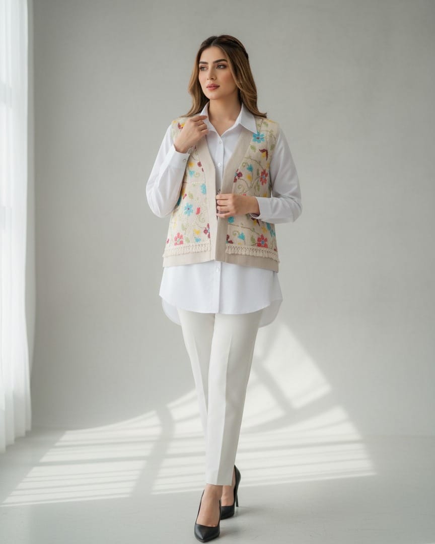 White Shirt and Beige Floral Embroidered Vest Set 2