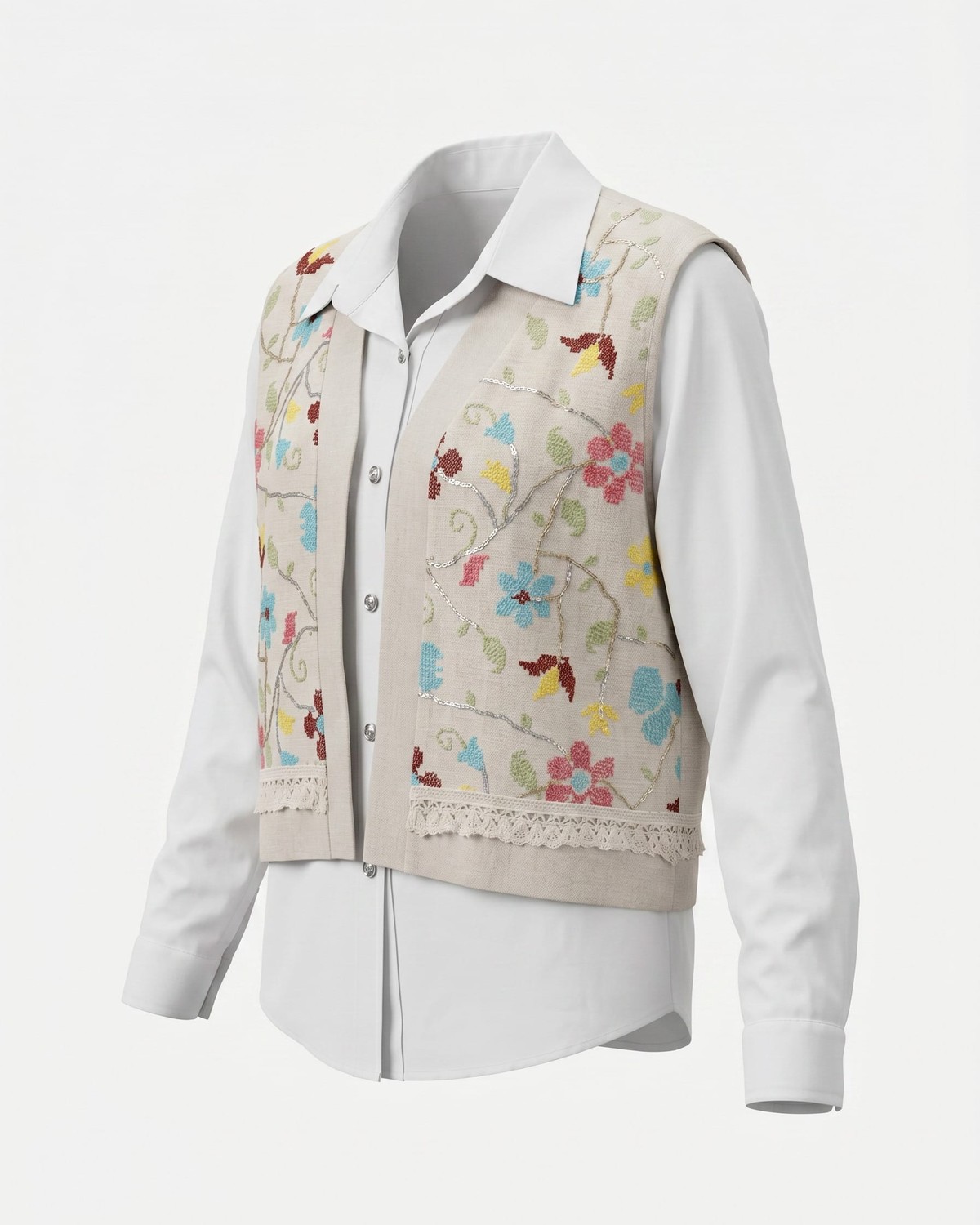White Shirt and Beige Floral Embroidered Vest Set 1
