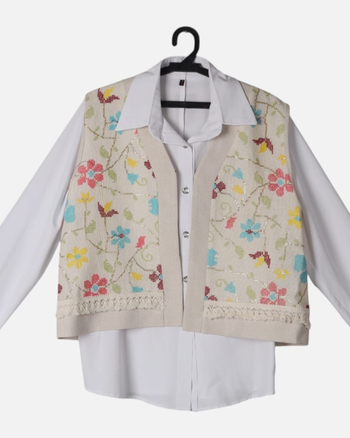 White Shirt and Beige Floral Embroidered Vest Set 4