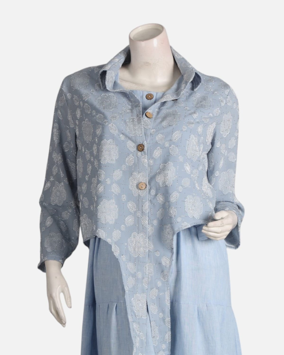 Blue Modest Dress Set with Embellished Guipure Top 1