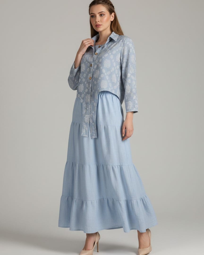 Blue Modest Dress Set with Embellished Guipure Top 2