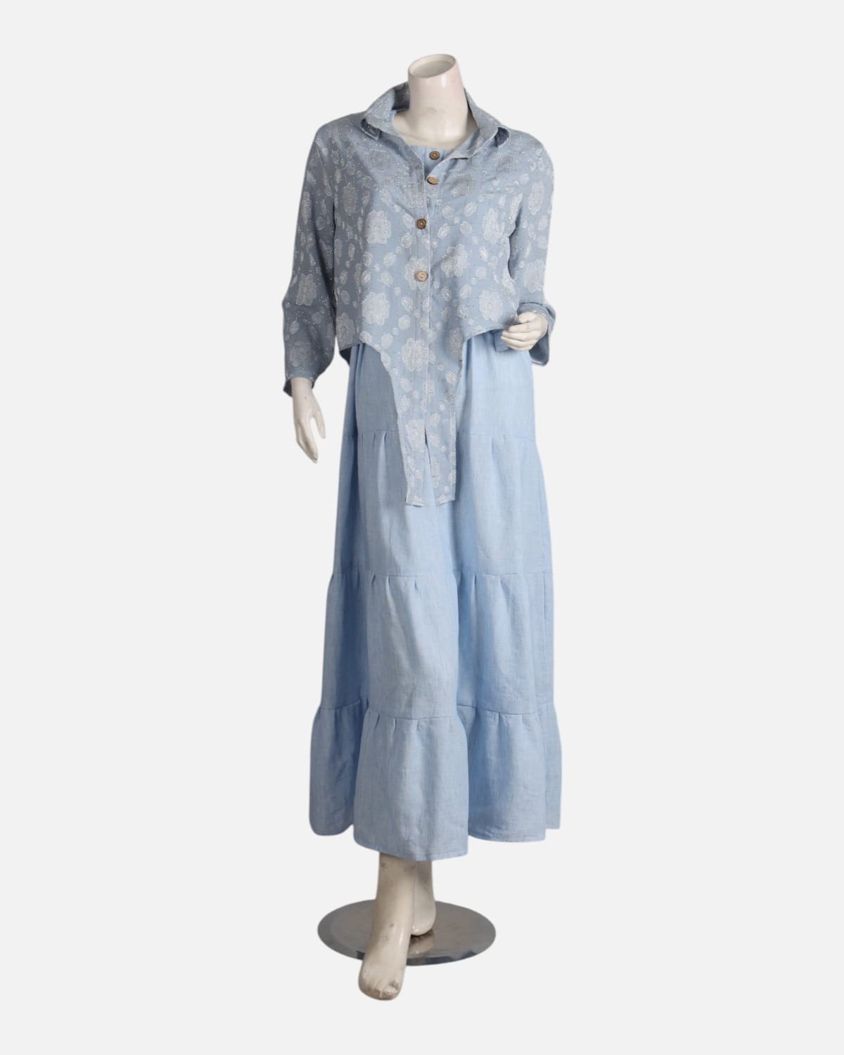 Blue Modest Dress Set with Embellished Guipure Top 3