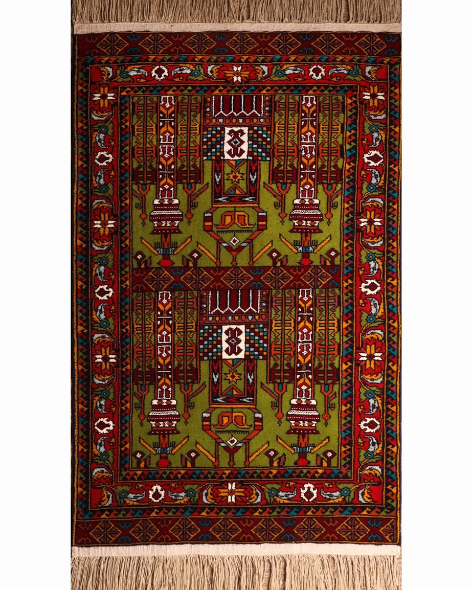 Olive Green & Crimson Red Handwoven Turkmen Prayer Rug 1