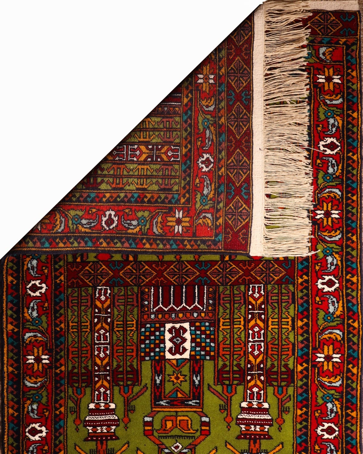 Olive Green & Crimson Red Handwoven Turkmen Prayer Rug 2
