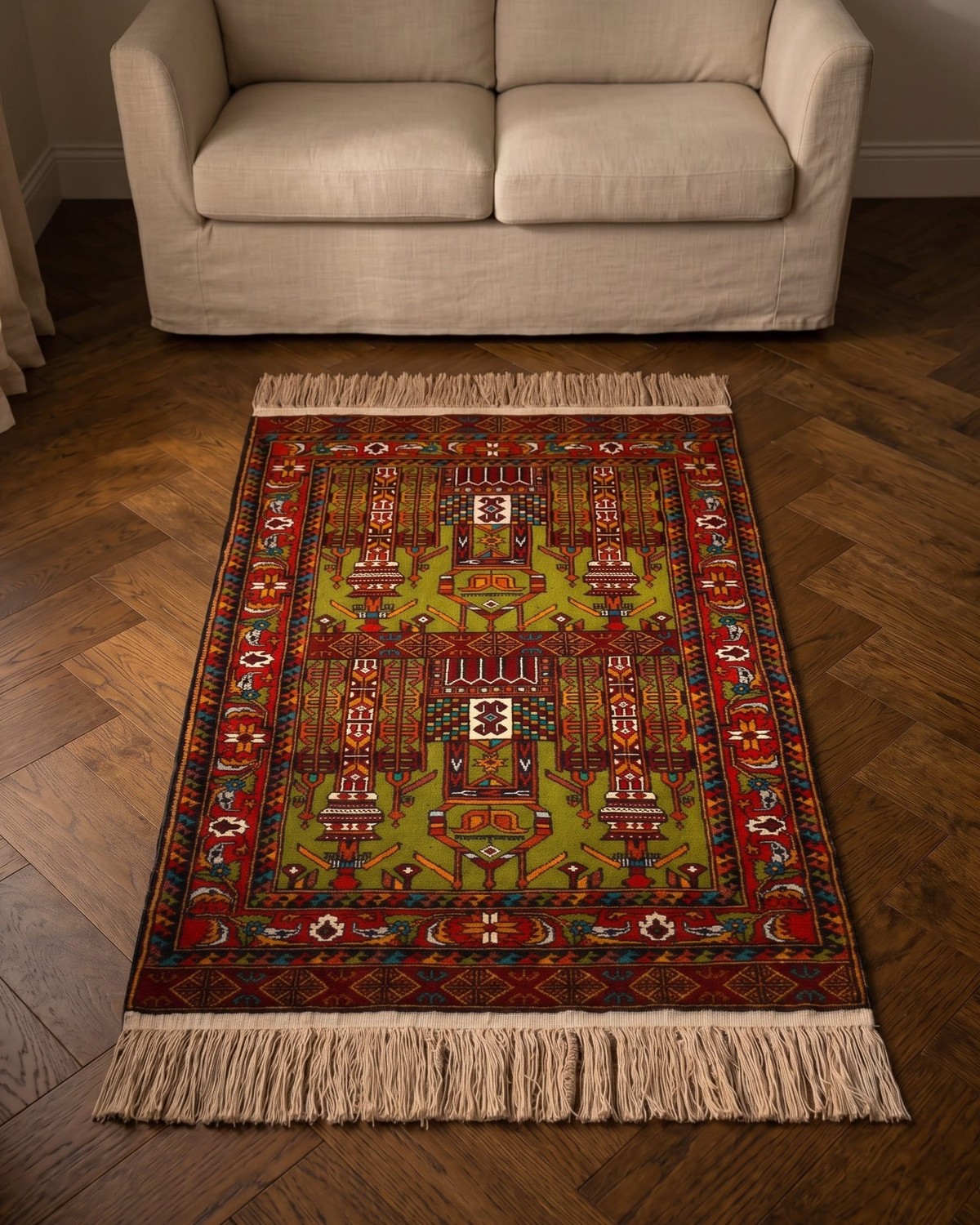 Olive Green & Crimson Red Handwoven Turkmen Prayer Rug 4