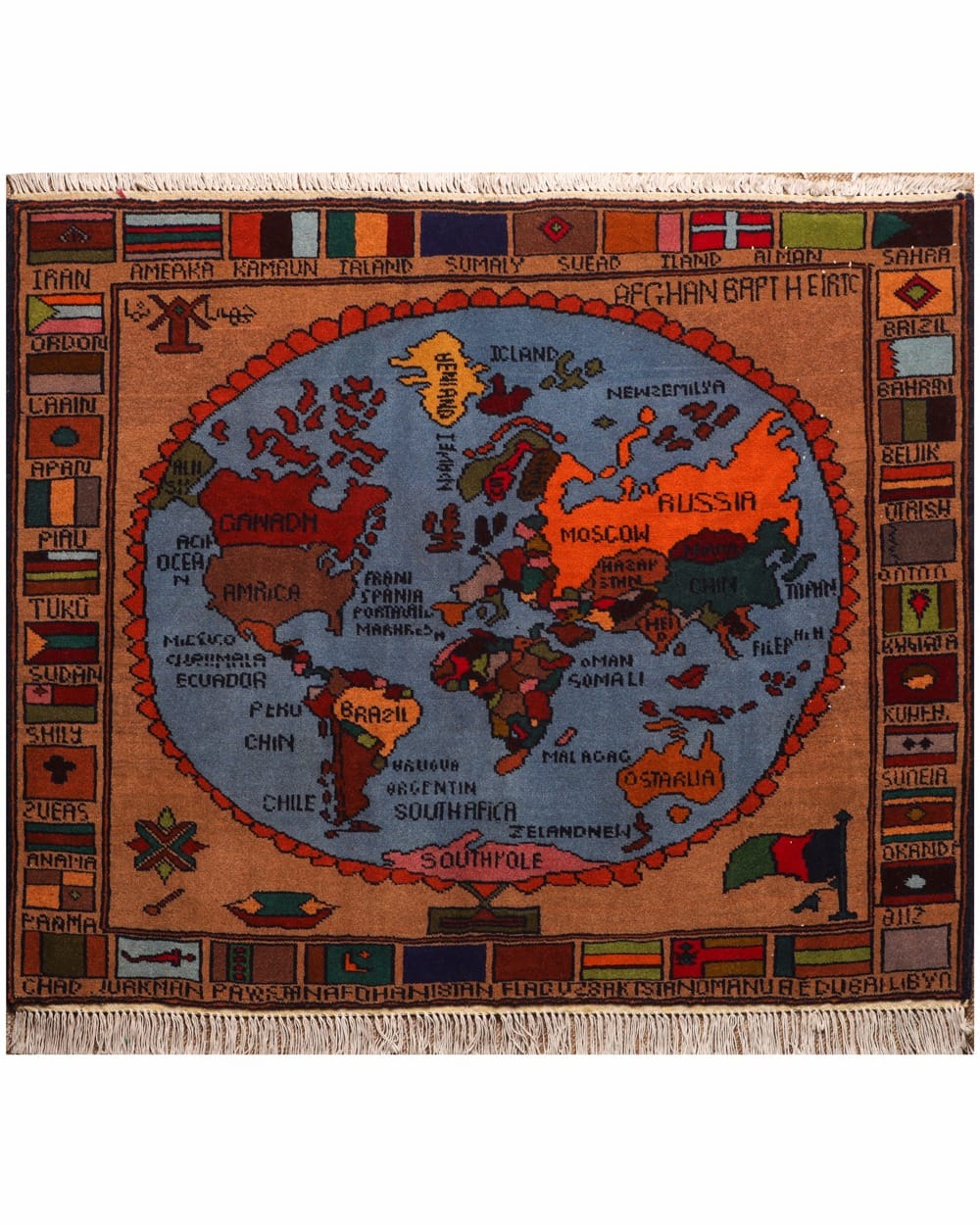 Handwoven World Map Carpet Wall Hanging in Sky Blue & Earth Tones 1