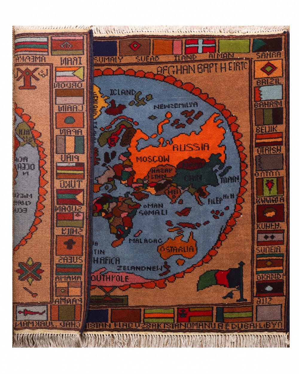 Handwoven World Map Carpet Wall Hanging in Sky Blue & Earth Tones 2