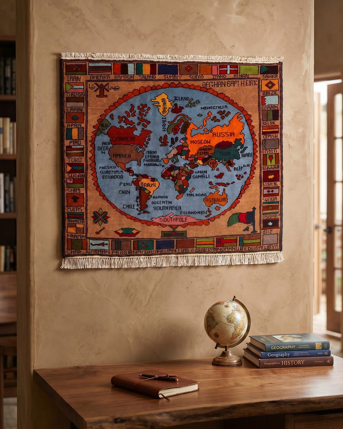 Handwoven World Map Carpet Wall Hanging in Sky Blue & Earth Tones 3