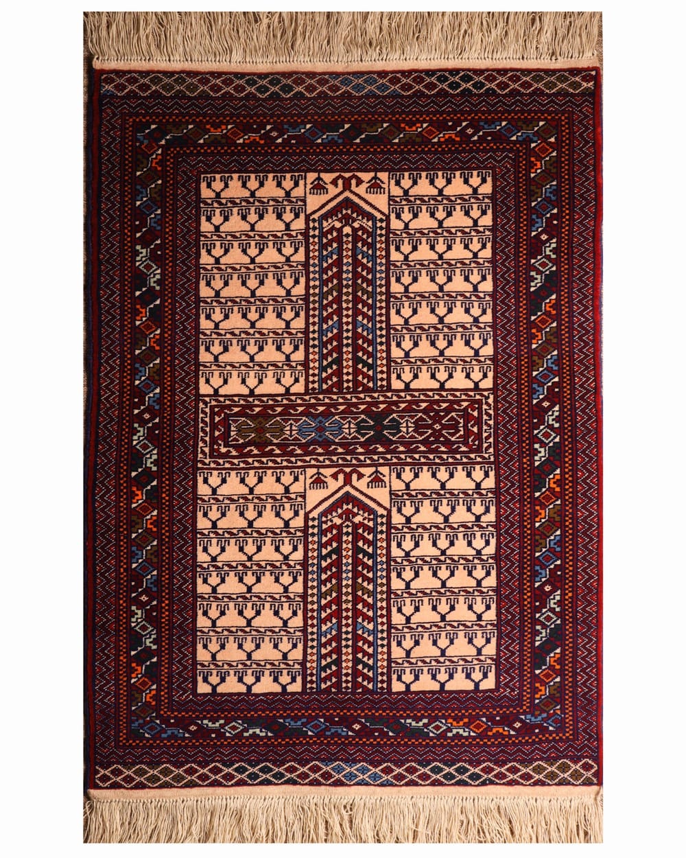 Handwoven Turkmen Glasak Pattern Rug Ivory, Burgundy & Navy 1
