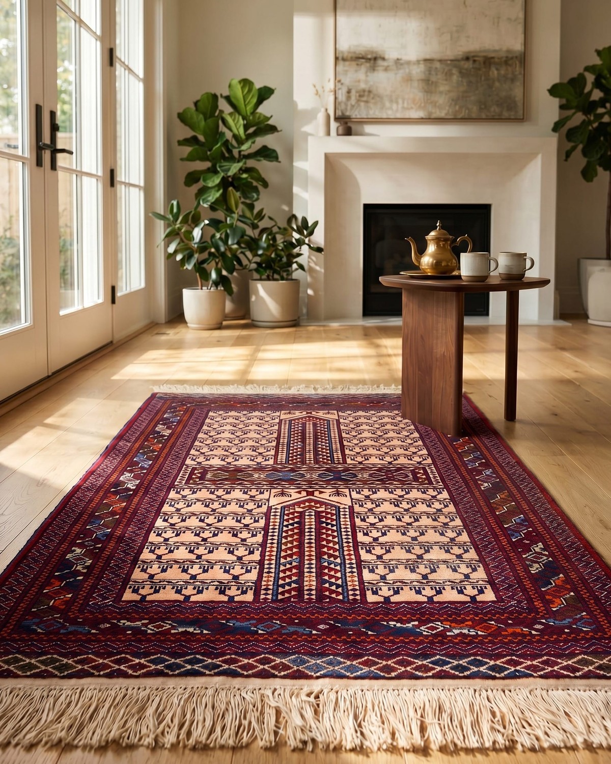 Handwoven Turkmen Glasak Pattern Rug Ivory, Burgundy & Navy 4