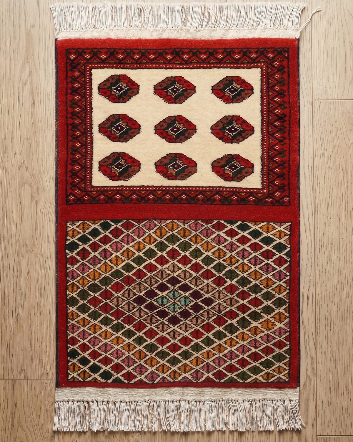 Handwoven Turkmen Home Design Rug in Cream, Red & Multicolor 1