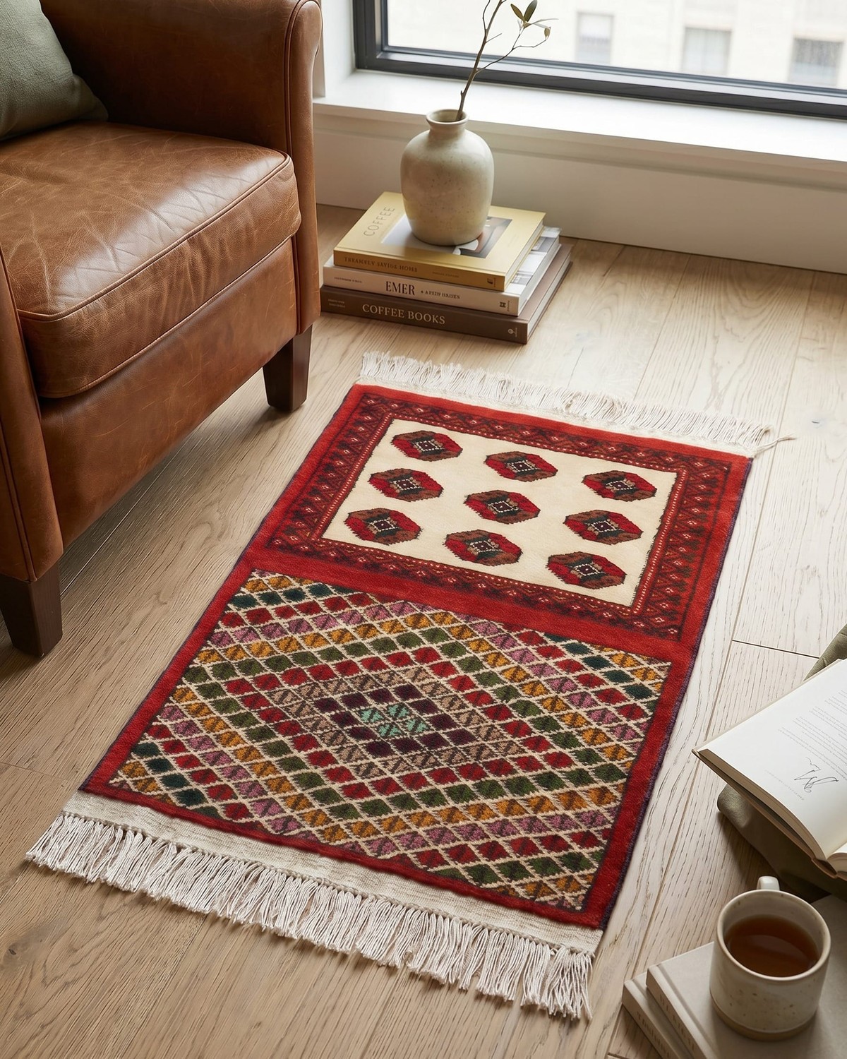 Handwoven Turkmen Home Design Rug in Cream, Red & Multicolor 2