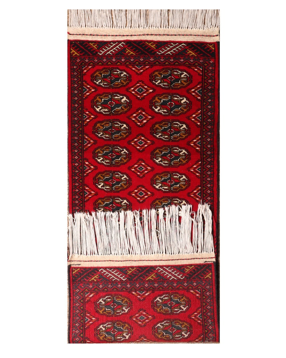 Handwoven Gul Mori Bed Runner Rug in Crimson Red, Black & Gold 3