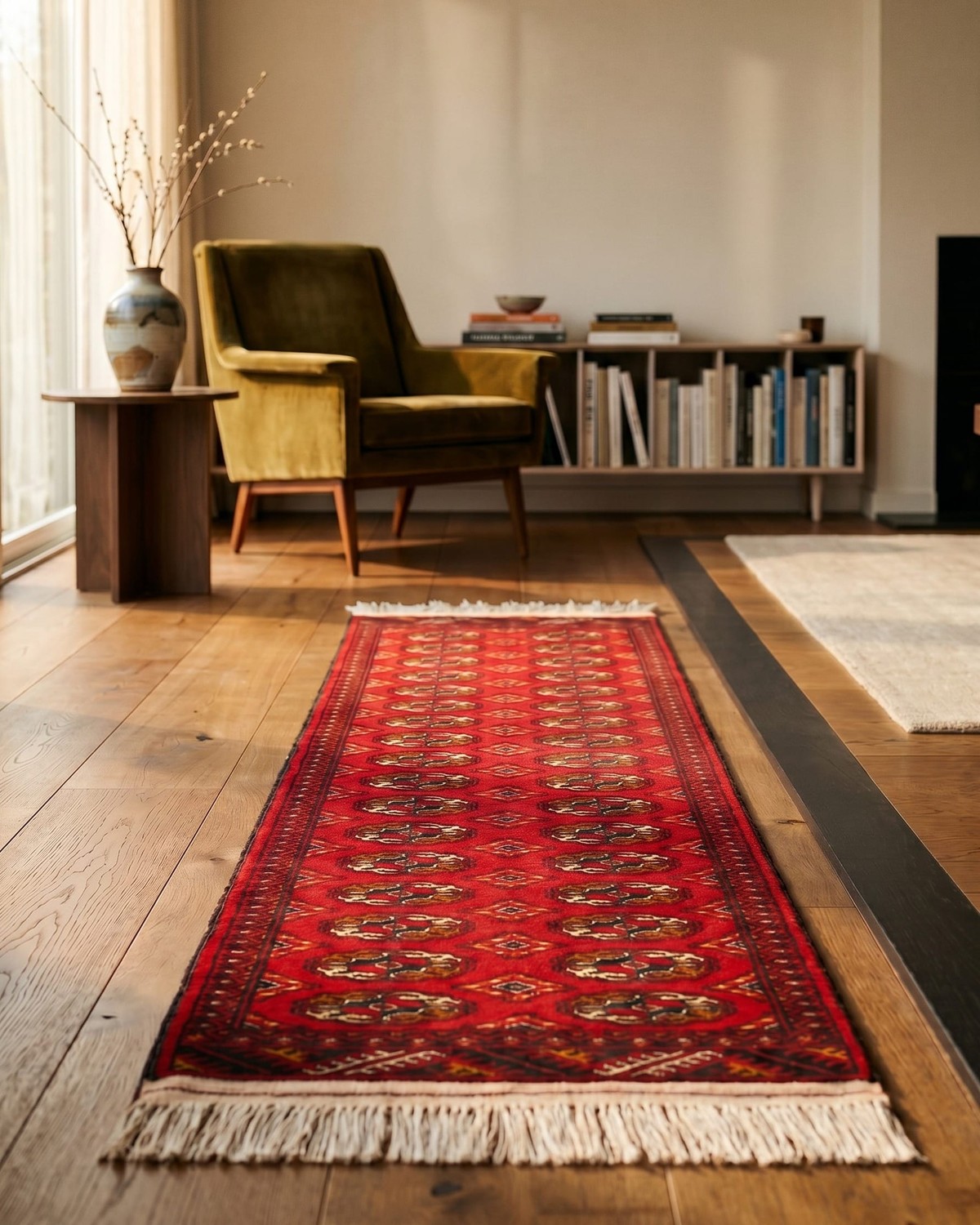 Handwoven Gul Mori Bed Runner Rug in Crimson Red, Black & Gold 4