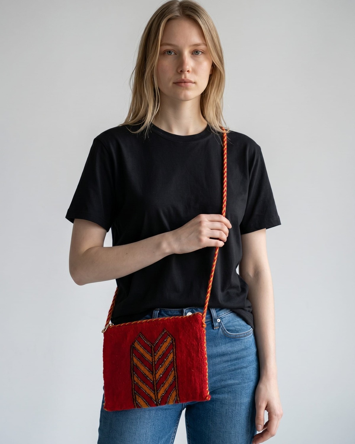 Handwoven Merino Shoulder Bag in Deep Red, Mustard Yellow & Black 1