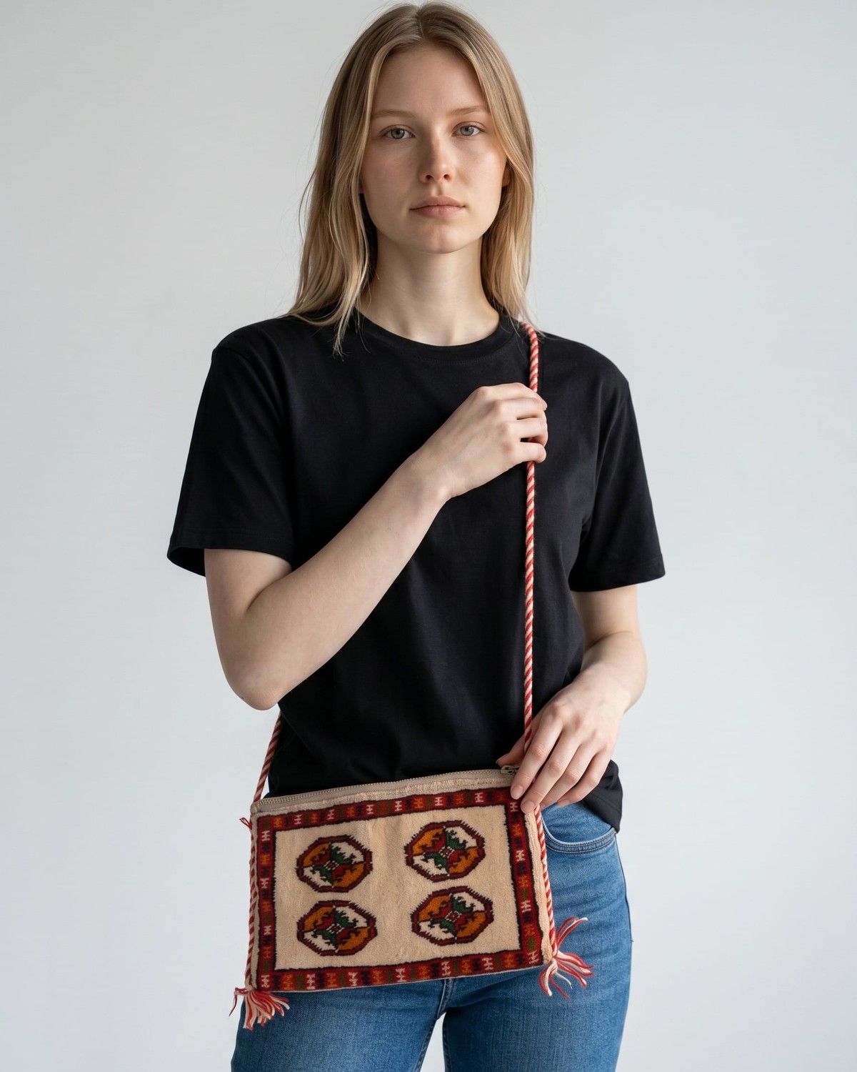 Handwoven Traditional Shoulder Bag in Ivory, Rust Orange & Red 4