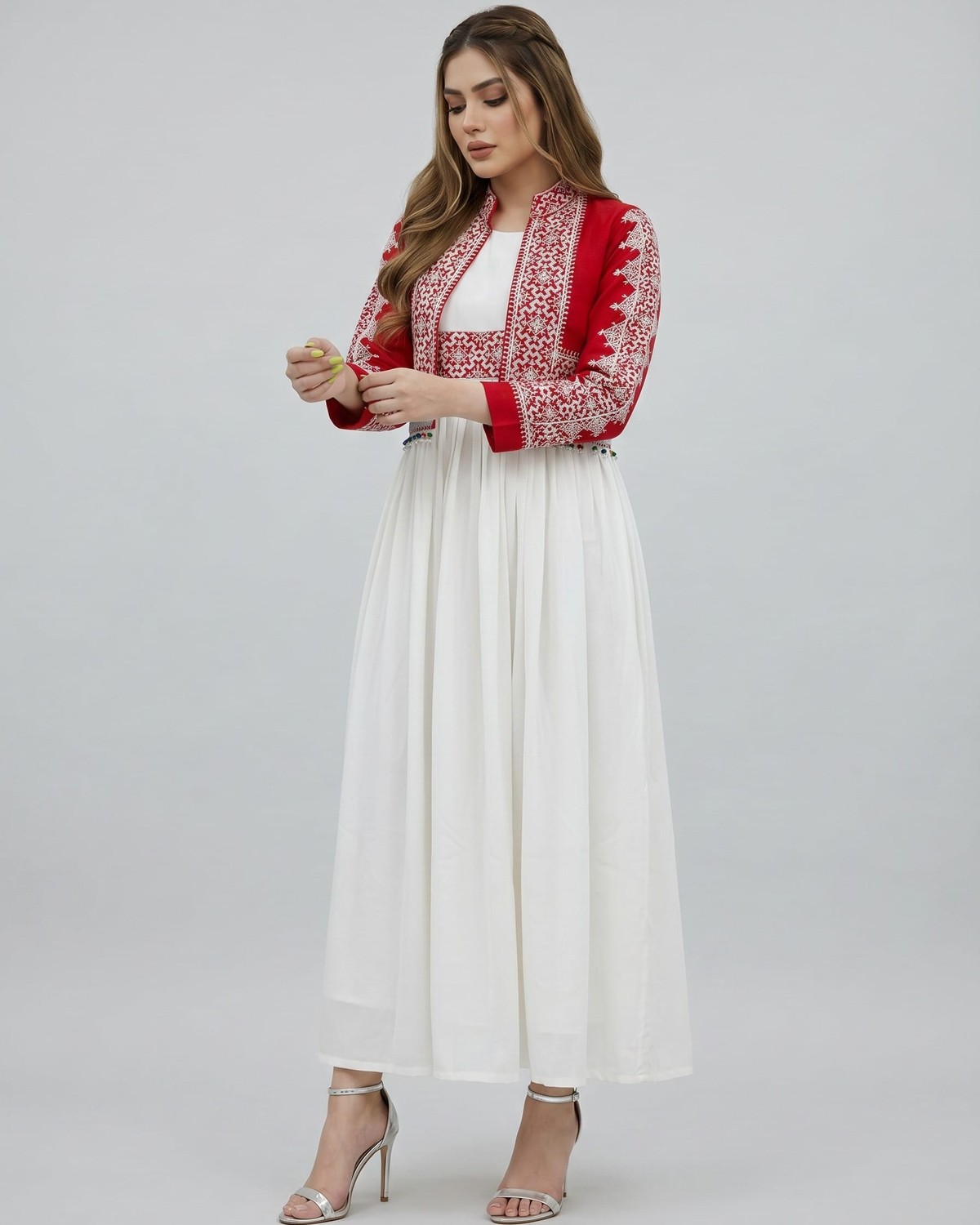 white dress with red embroidery White & Red Embroidery Eliza Mini Dress
