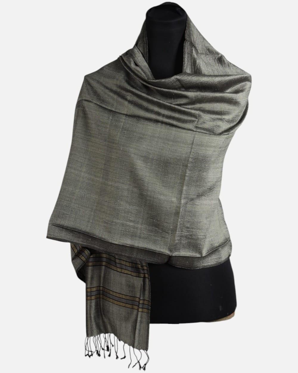 Silver Gray Pure Silk Shawl with Brown Border Stripes 1