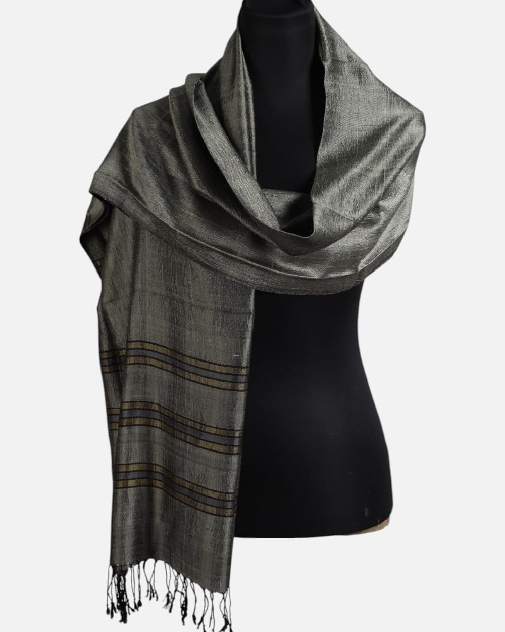 Silver Gray Pure Silk Shawl with Brown Border Stripes 2