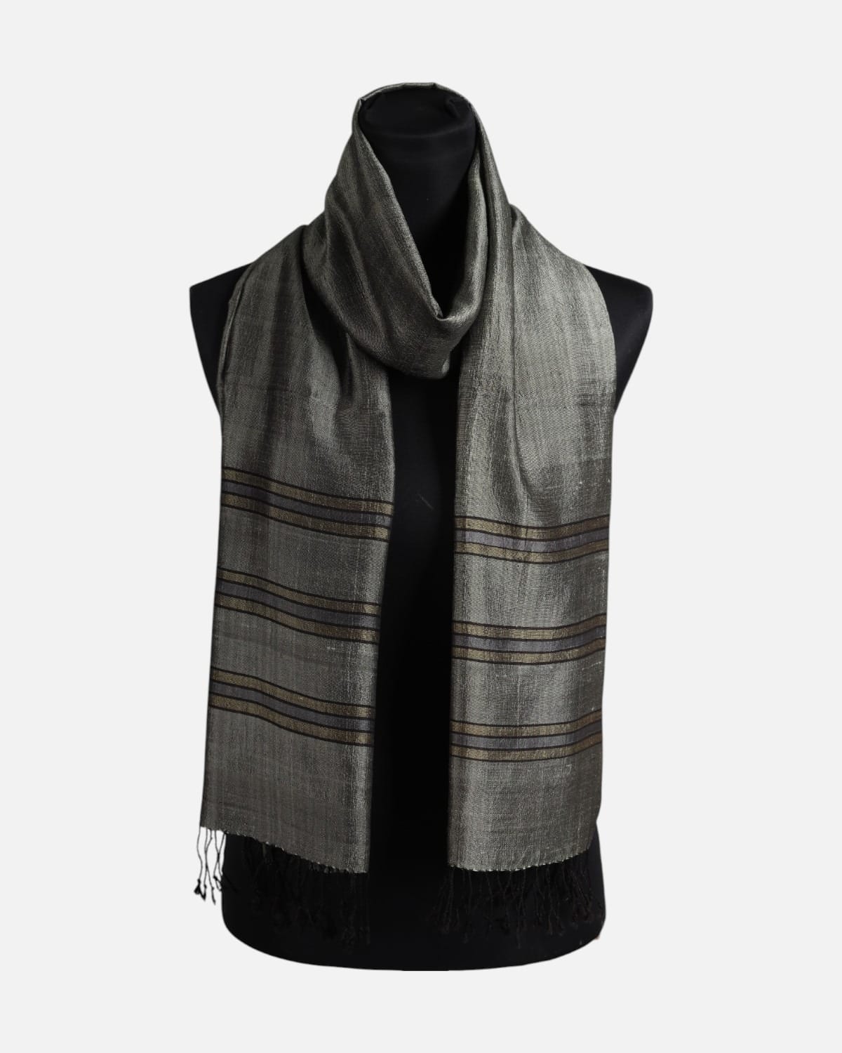 Silver Gray Pure Silk Shawl with Brown Border Stripes 3