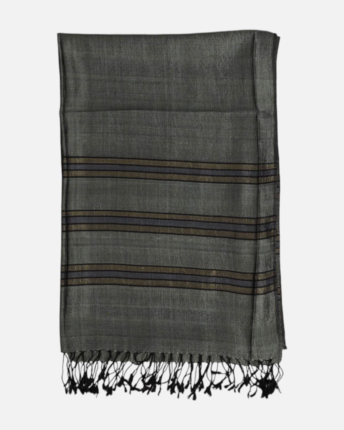 Silver Gray Pure Silk Shawl with Brown Border Stripes 4