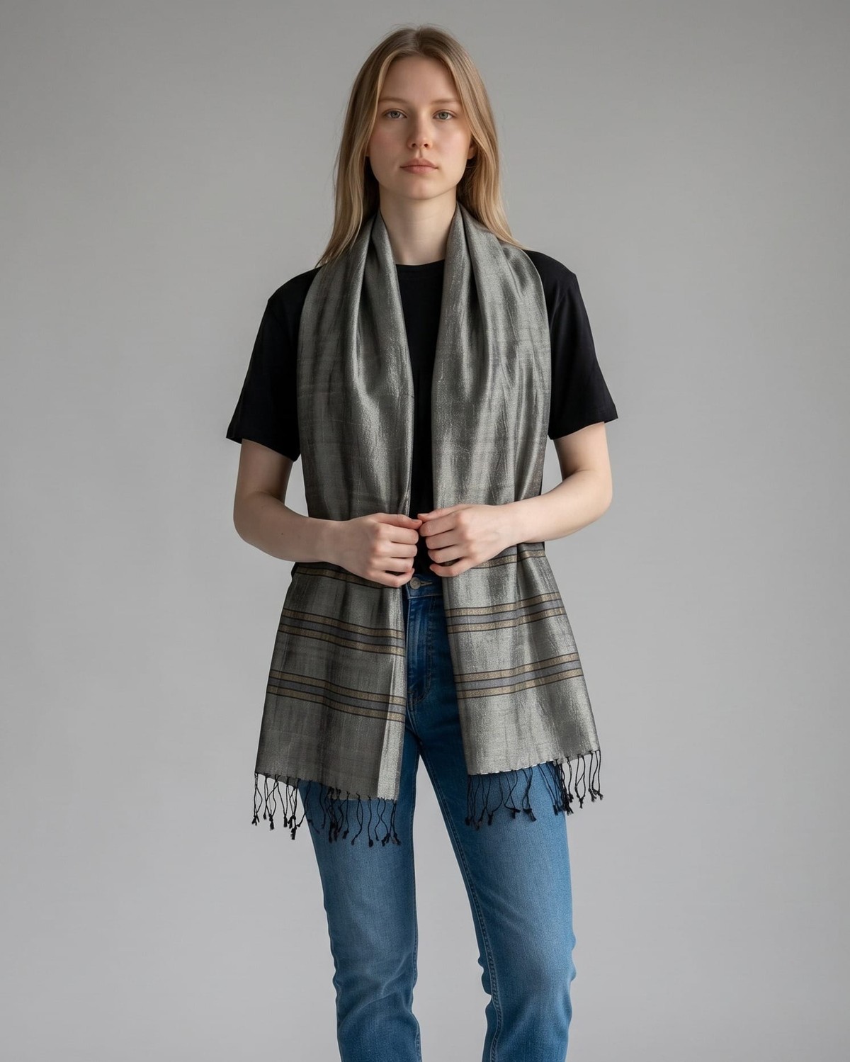 Silver Gray Pure Silk Shawl with Brown Border Stripes 5
