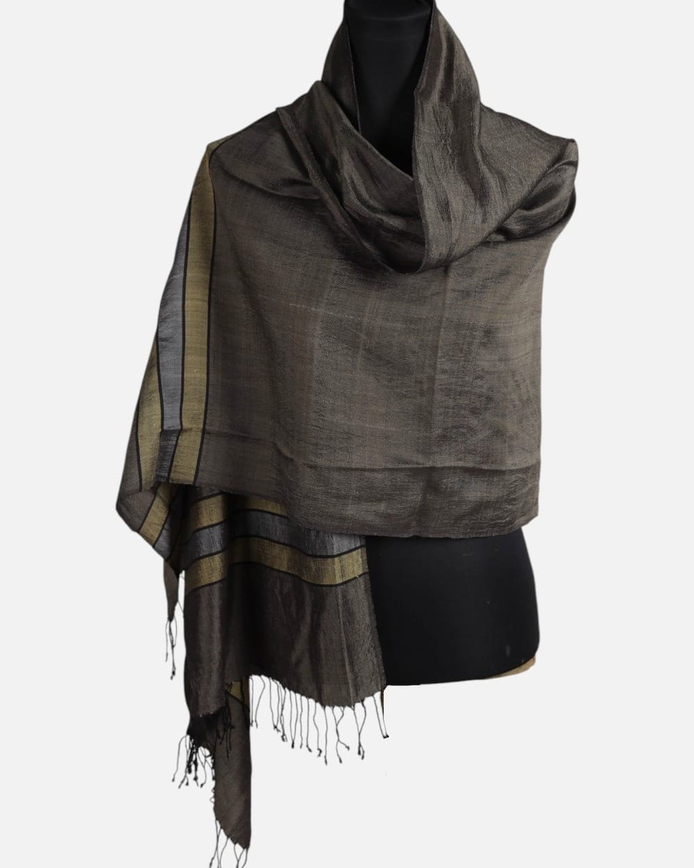 Charcoal Brown Pure Silk Shawl with Olive and Gray Stripes 1