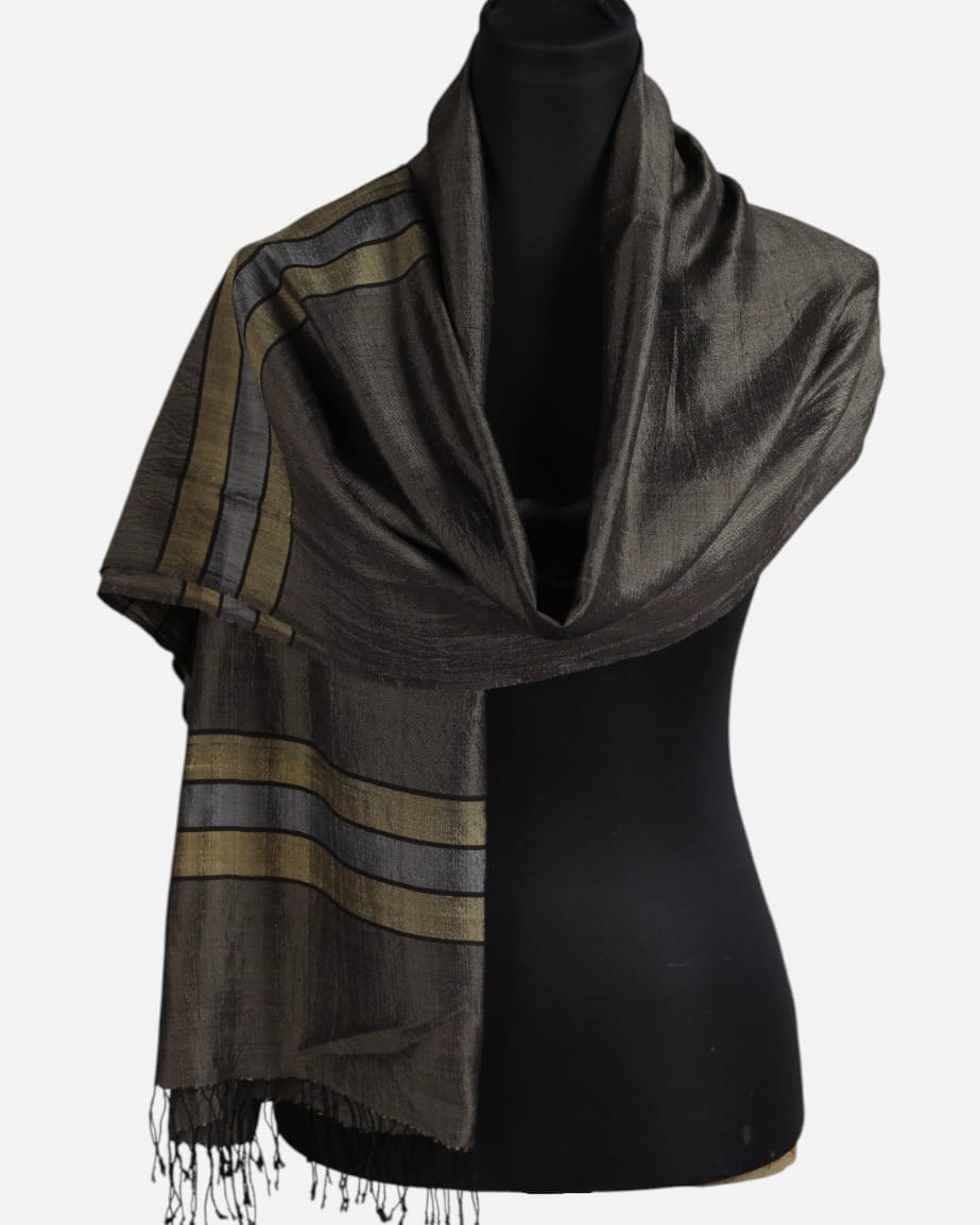 Charcoal Brown Pure Silk Shawl with Olive and Gray Stripes 2