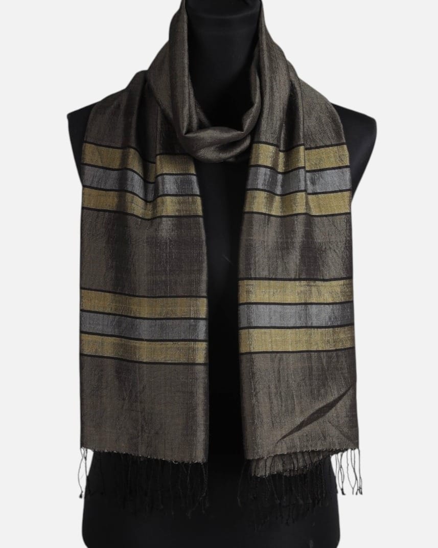 Charcoal Brown Pure Silk Shawl with Olive and Gray Stripes 3