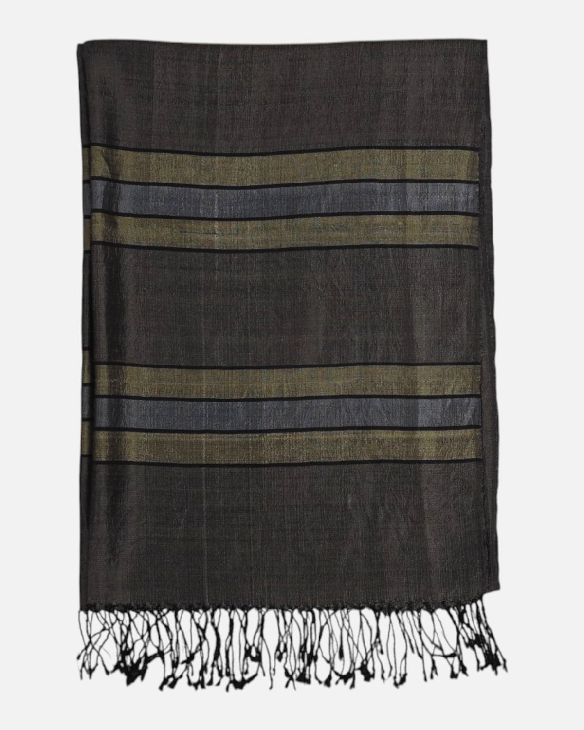 Charcoal Brown Pure Silk Shawl with Olive and Gray Stripes 4