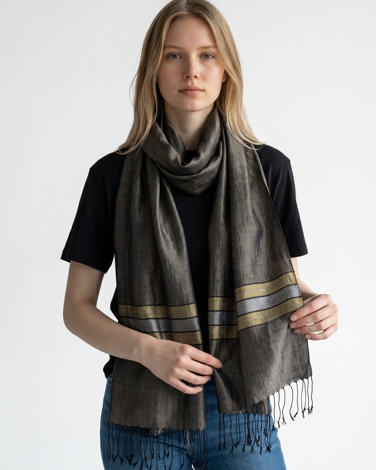 Charcoal Brown Pure Silk Shawl with Olive and Gray Stripes 5