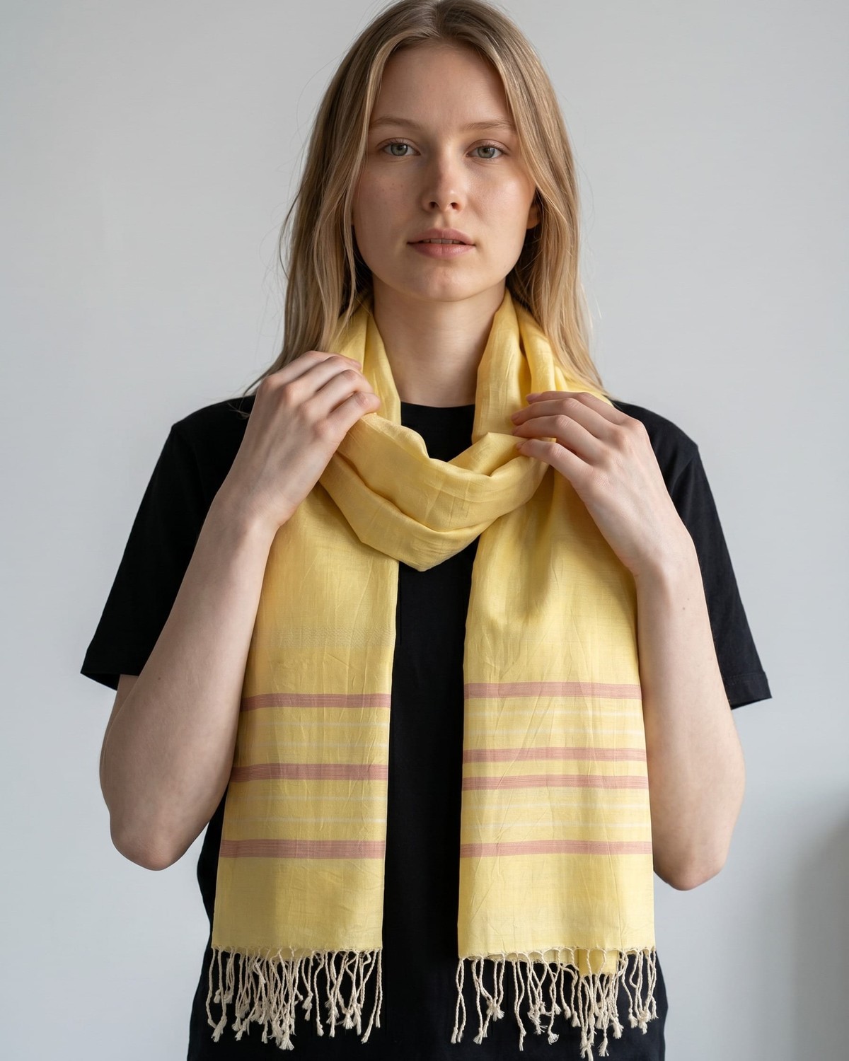 Saffron Yellow Pure Silk Shawl with Blush Stripes 5