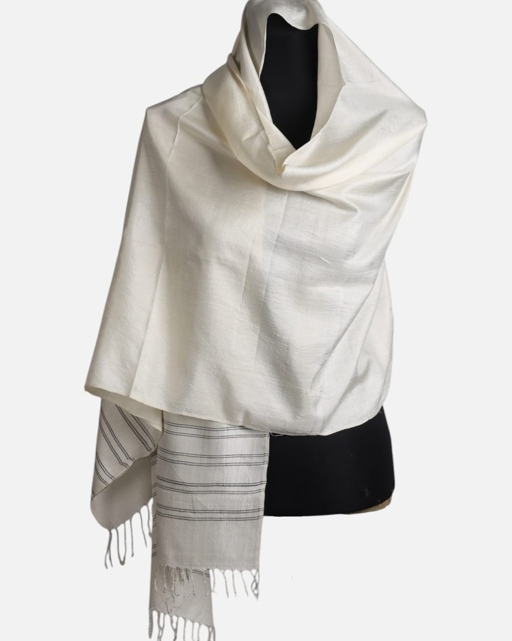 White Pure Silk Shawl with Fine Gray Stripes 1