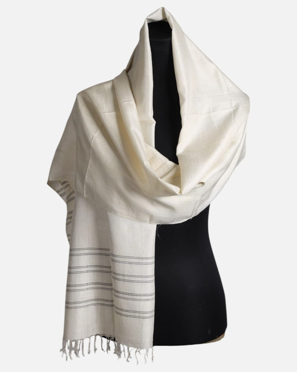 White Pure Silk Shawl with Fine Gray Stripes 2
