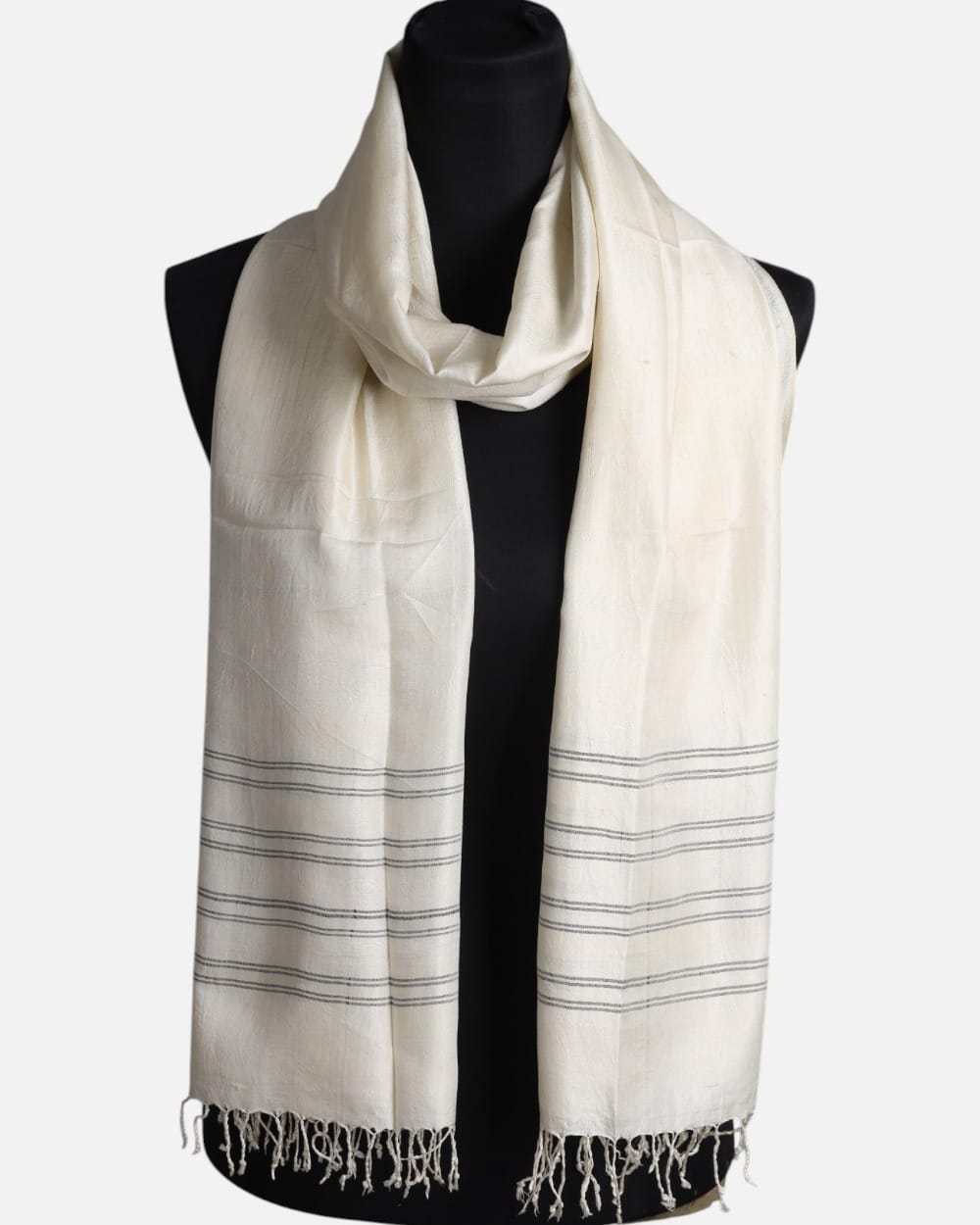 White Pure Silk Shawl with Fine Gray Stripes 3