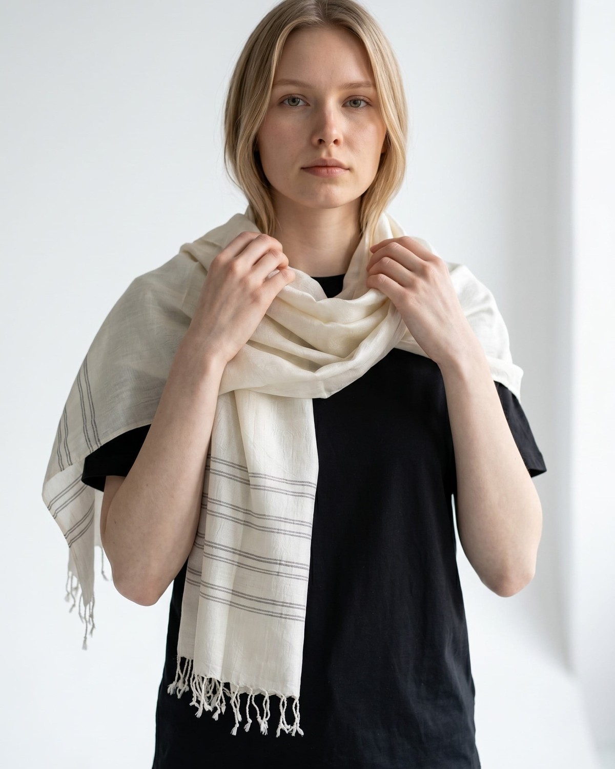White Pure Silk Shawl with Fine Gray Stripes 5