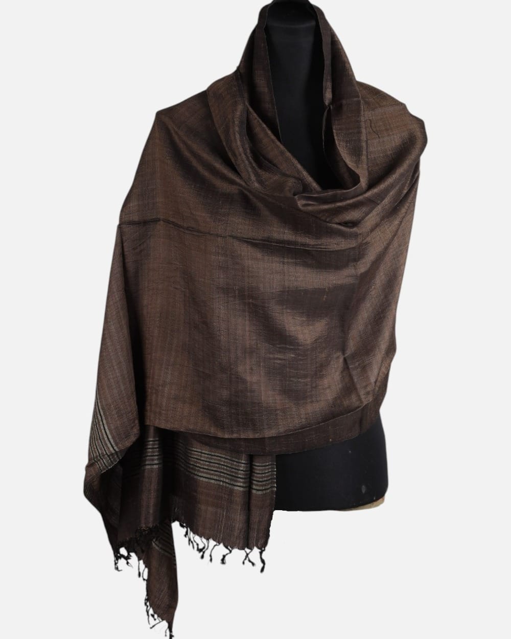 Dark Walnut Pure Silk Shawl with Fine Gray Stripes 1