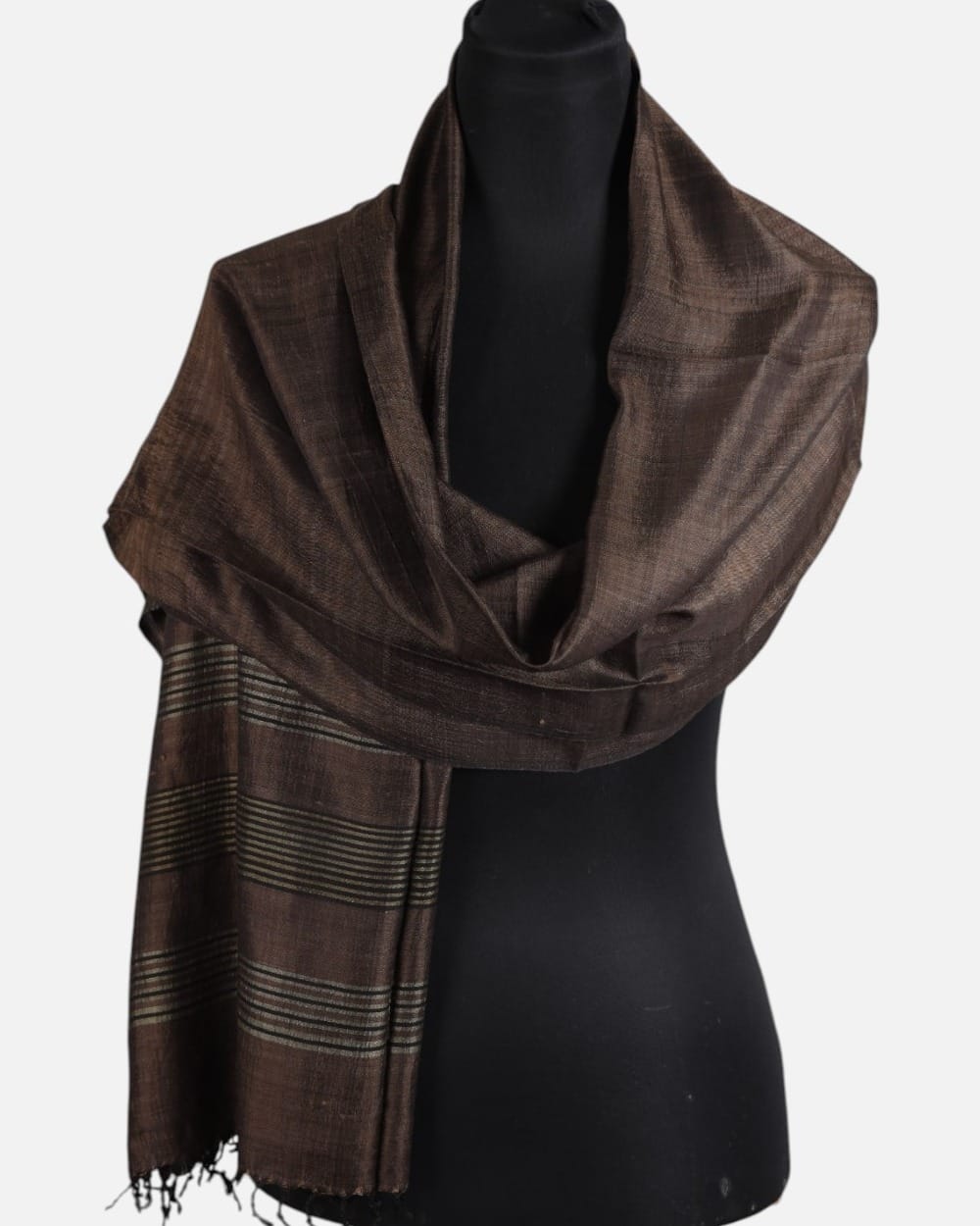 Dark Walnut Pure Silk Shawl with Fine Gray Stripes 2