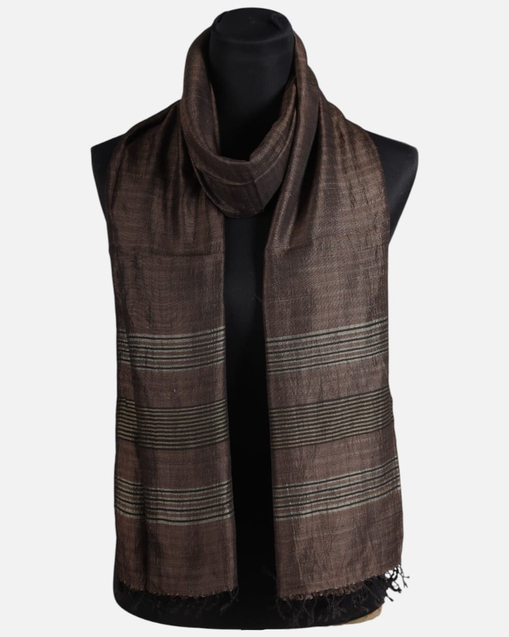 Dark Walnut Pure Silk Shawl with Fine Gray Stripes 3