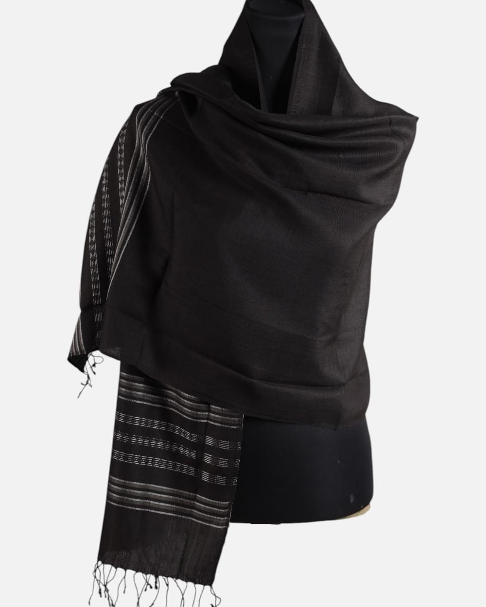 Black Pure Silk Shawl with Silver Stripes 1