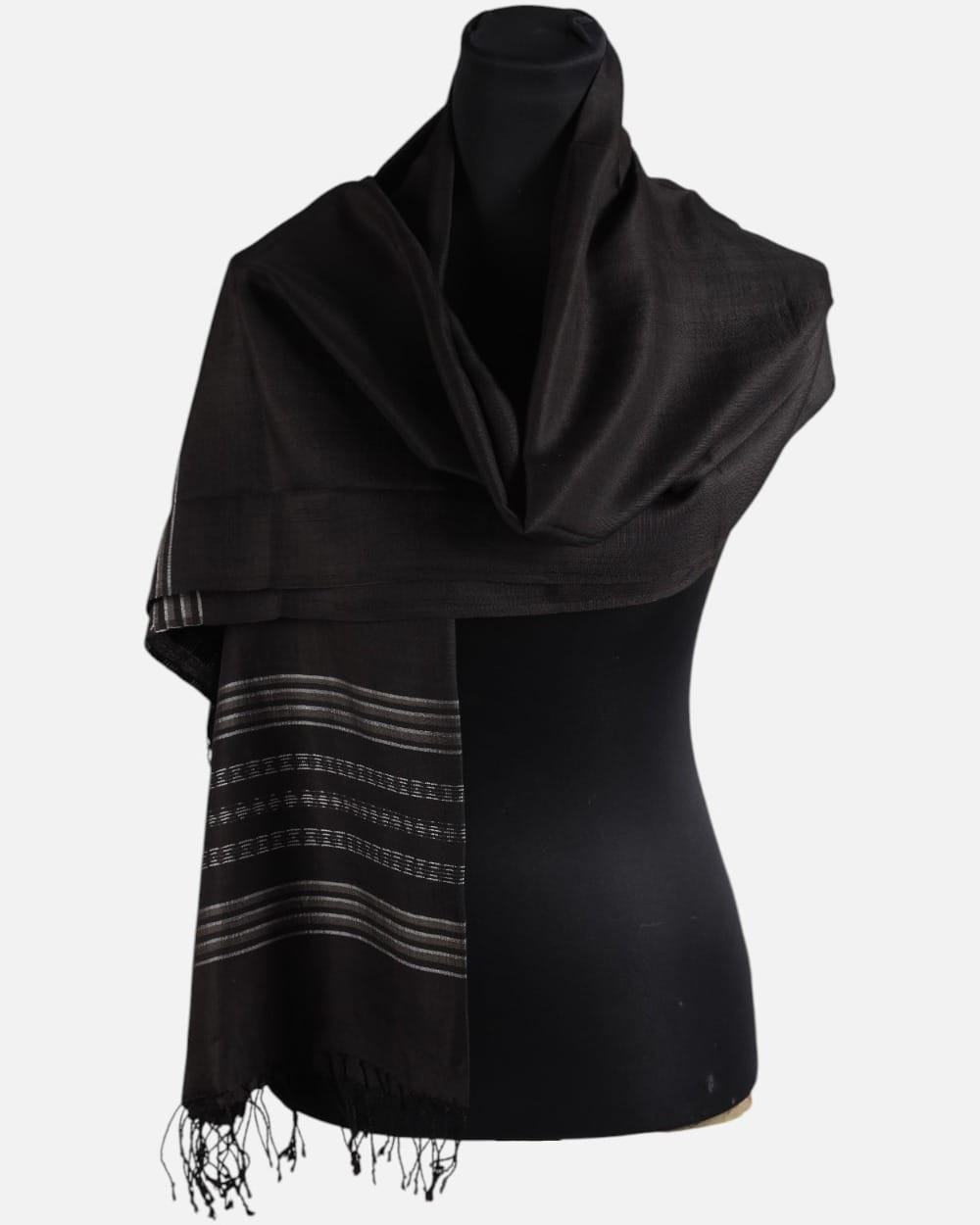 Black Pure Silk Shawl with Silver Stripes 2