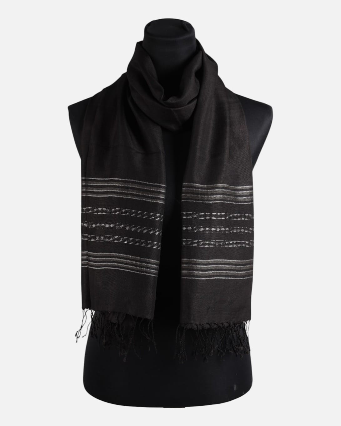 Black Pure Silk Shawl with Silver Stripes 3