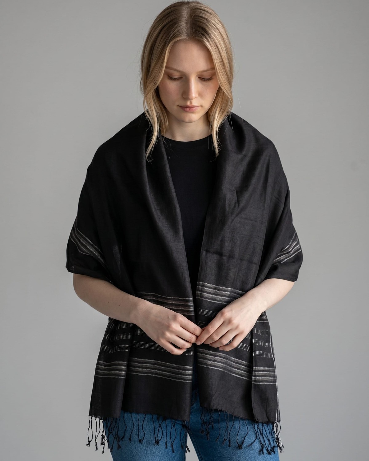 Black Pure Silk Shawl with Silver Stripes 5