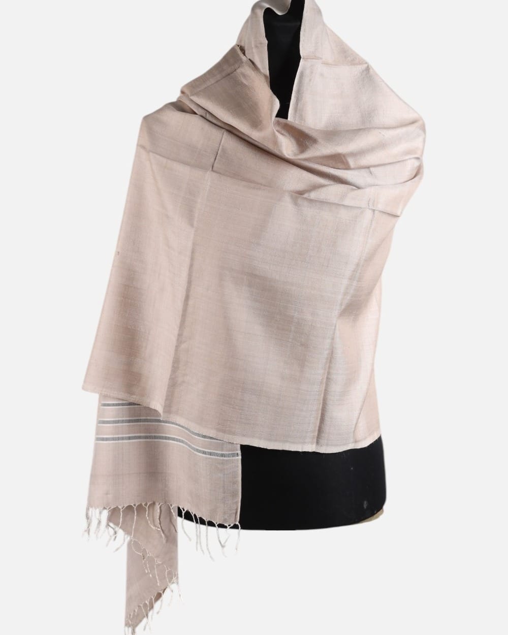Blush Beige Pure Silk Shawl with Gray Stripes 2