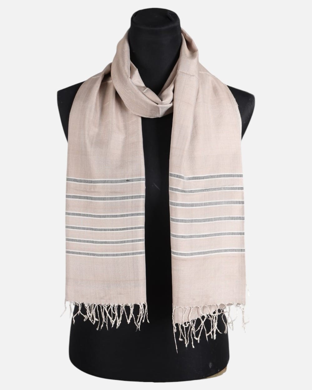 Blush Beige Pure Silk Shawl with Gray Stripes 3