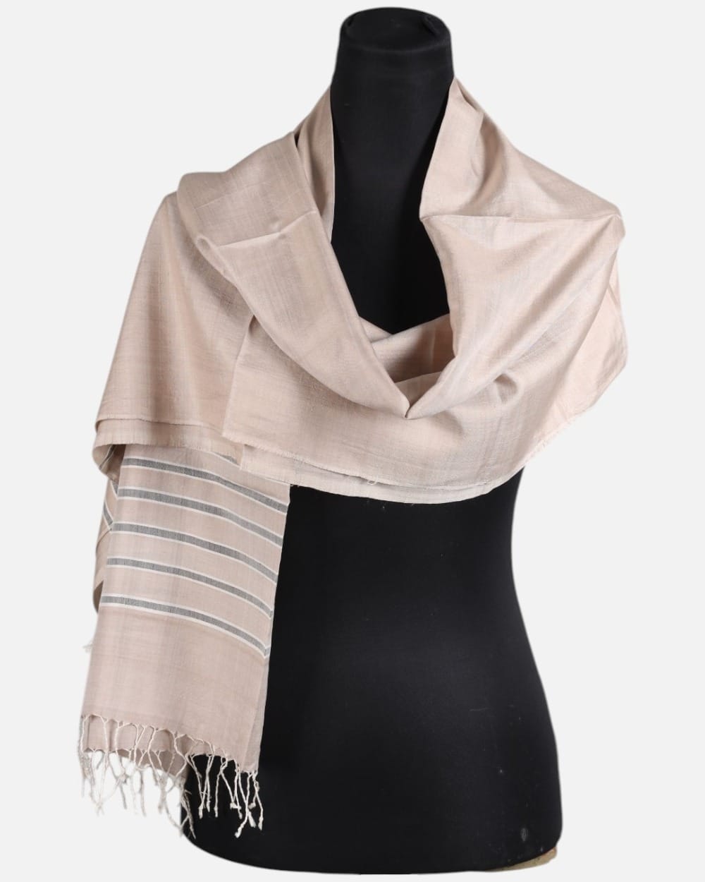 Blush Beige Pure Silk Shawl with Gray Stripes 4