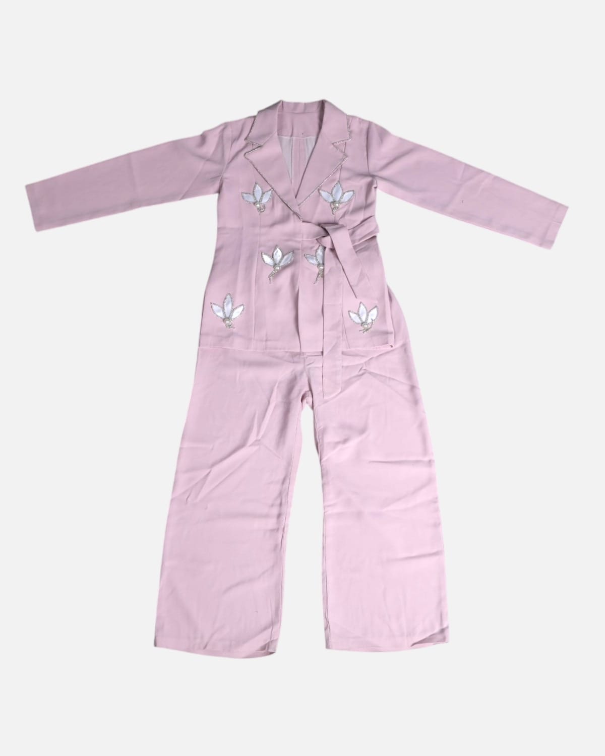 Pink Embroidered Blazer & Wide Leg Pants Set 1