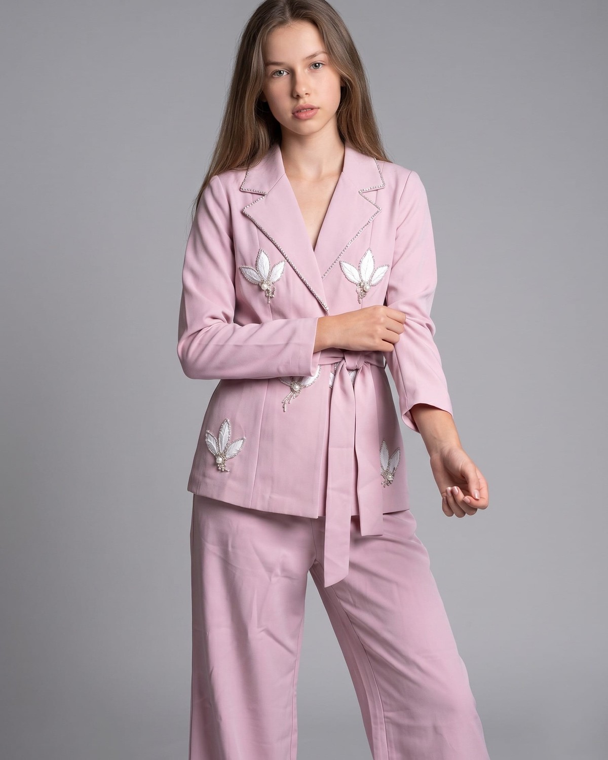 Pink Embroidered Blazer & Wide Leg Pants Set 2