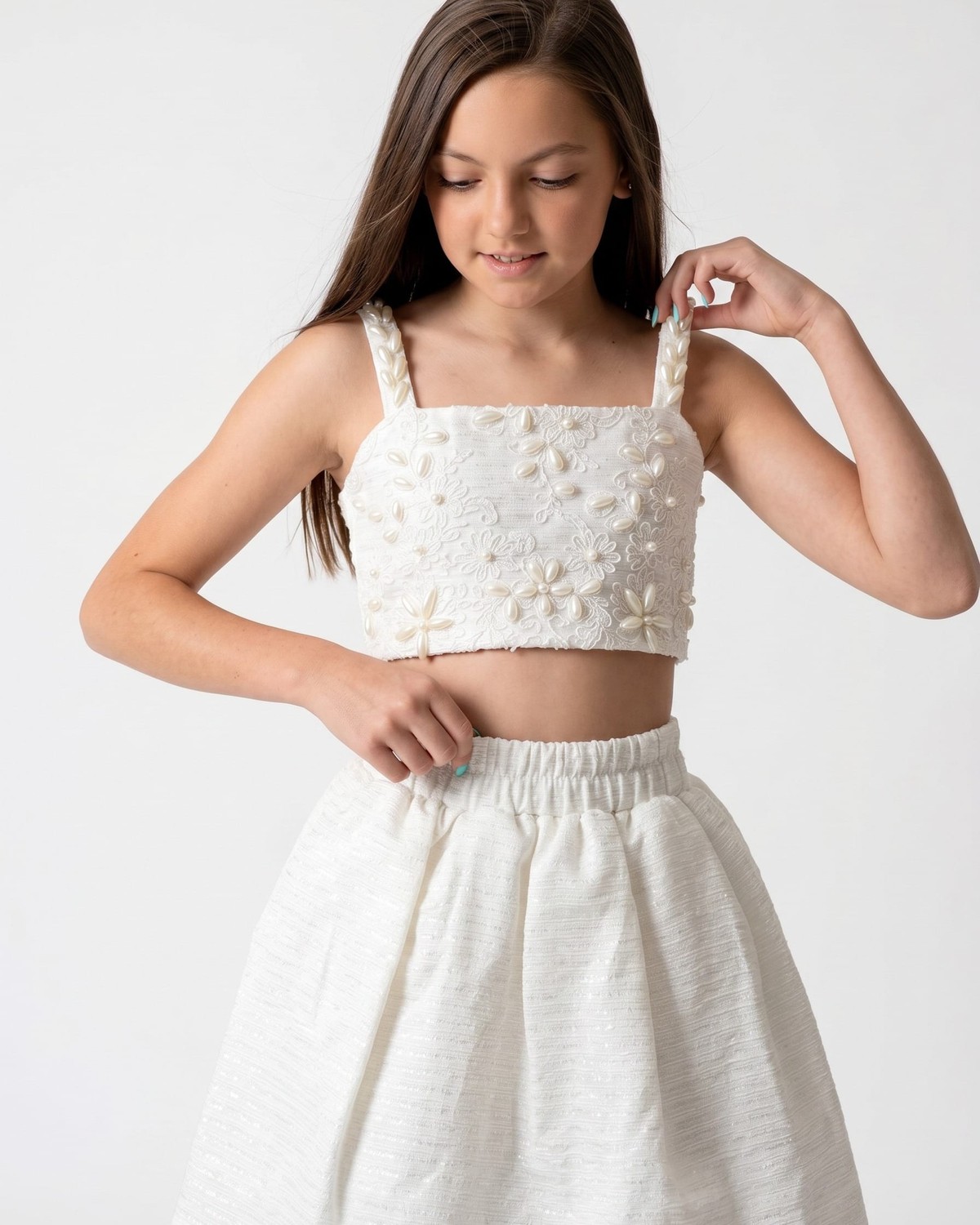 Girls Pearl-Embellished Top & Skirt Set 2
