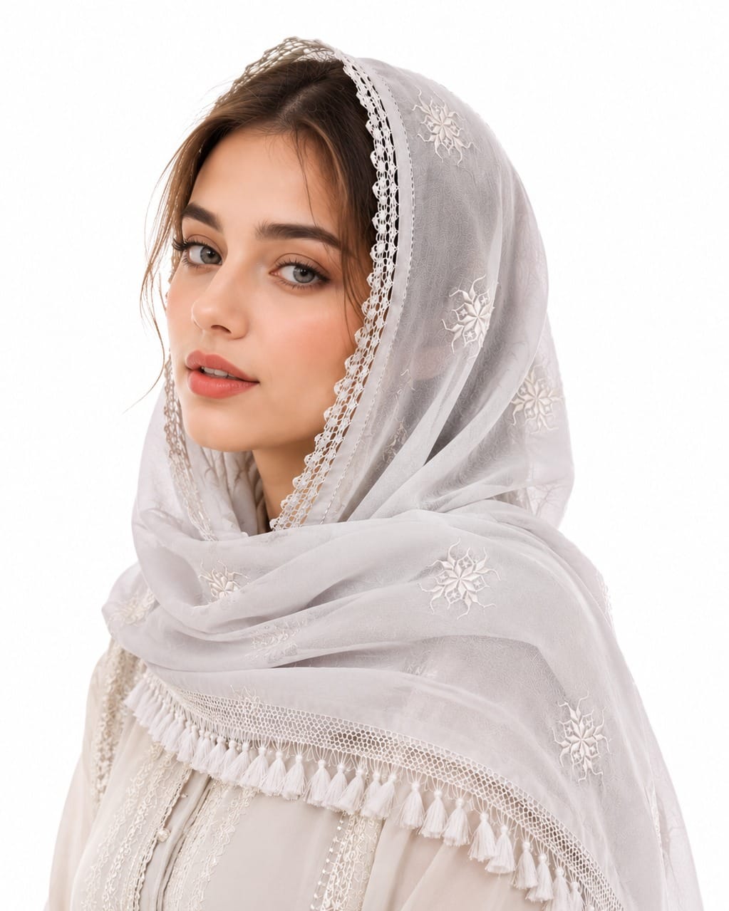 White Herati  Scarf Ivory Blossom Shawl 1